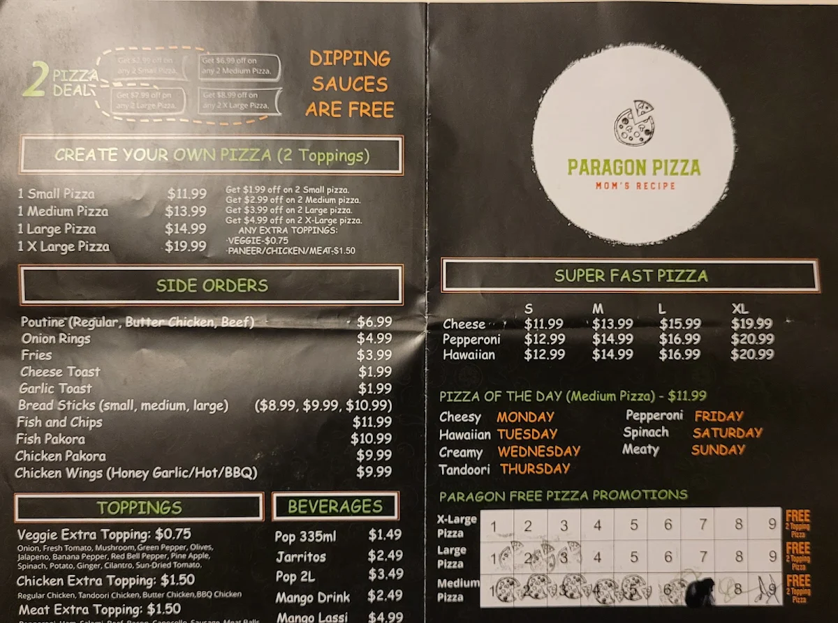 Menu, Paragon Pizza