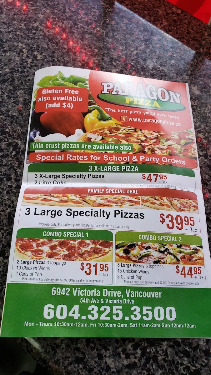 Menu, Paragon Pizza