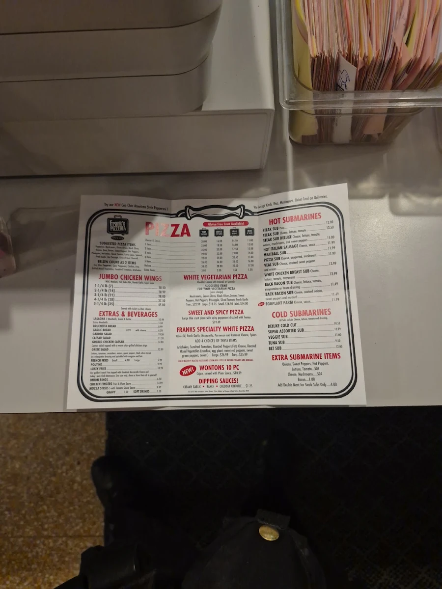 Menu, Frank's Pizzeria