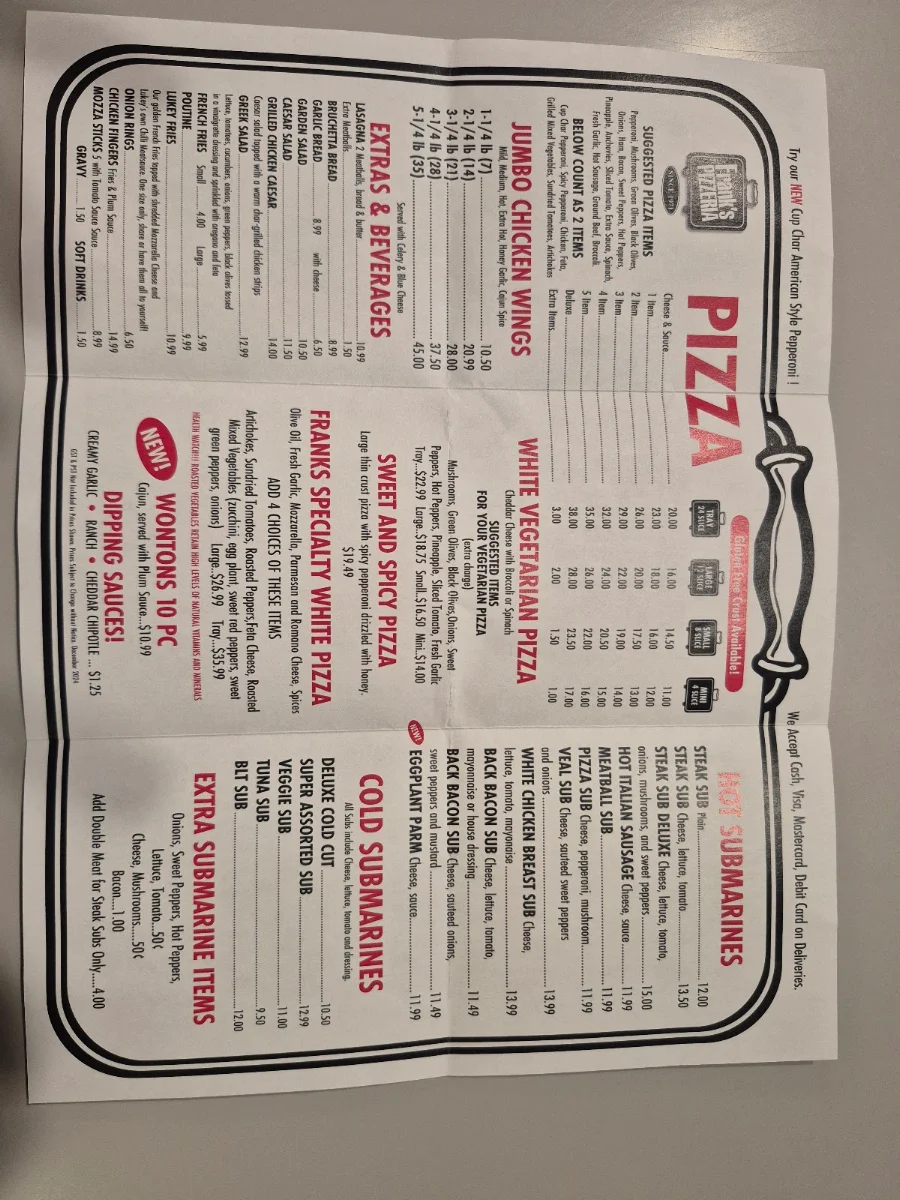 Menu, Frank's Pizzeria