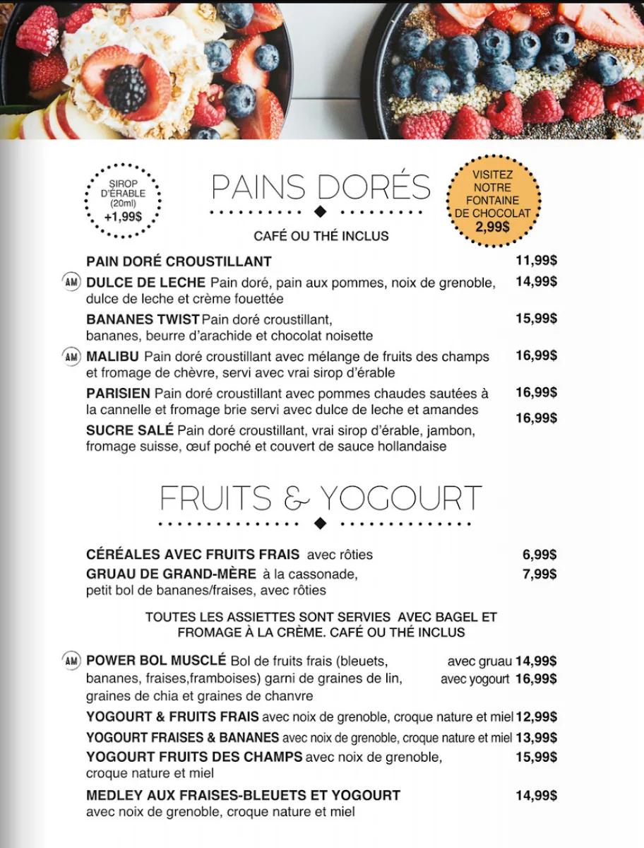 Menu, A.M. déjeuner dîner Rosemere