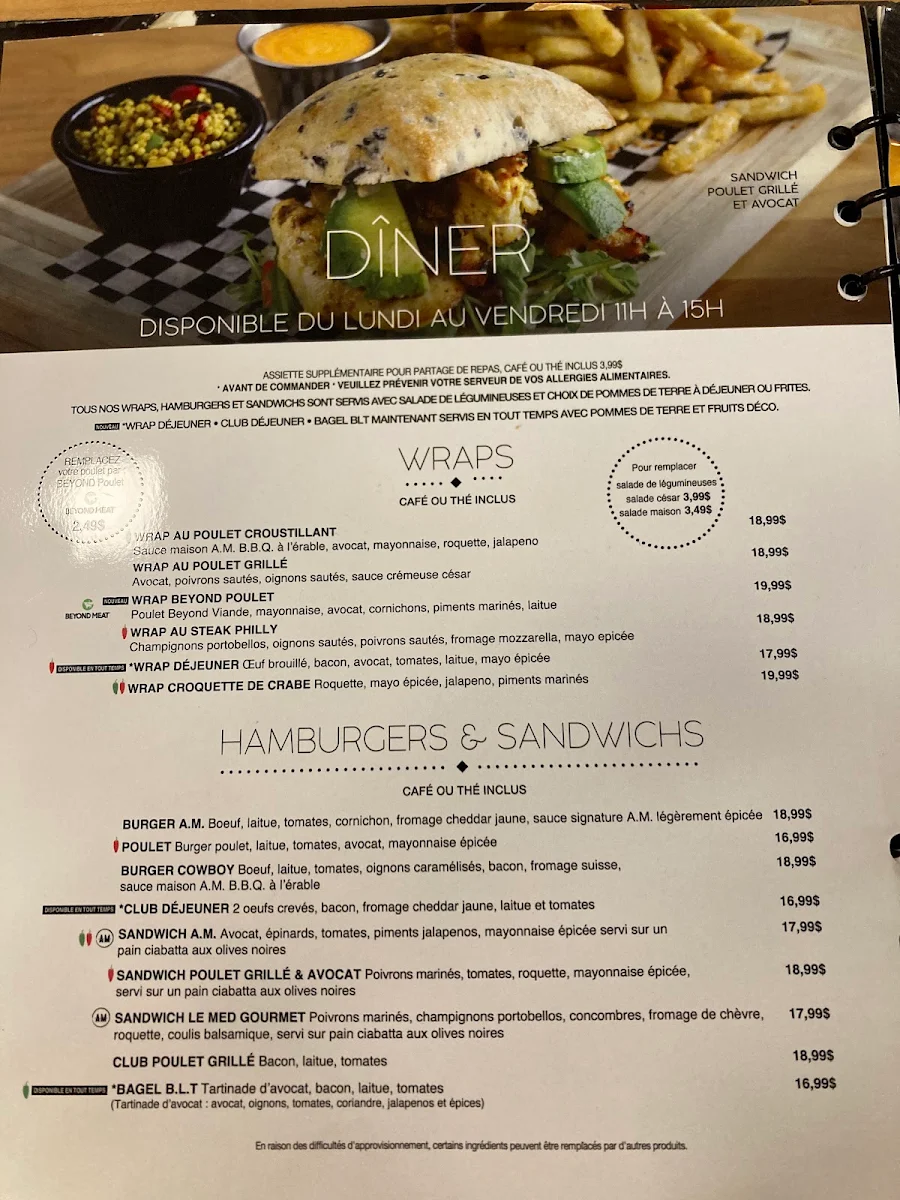 Menu, A.M. déjeuner dîner Rosemere