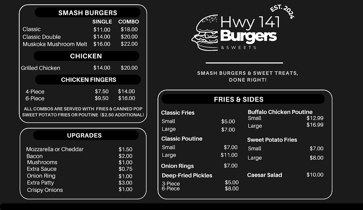 Menu, HWY 141 Burgers and Sweets