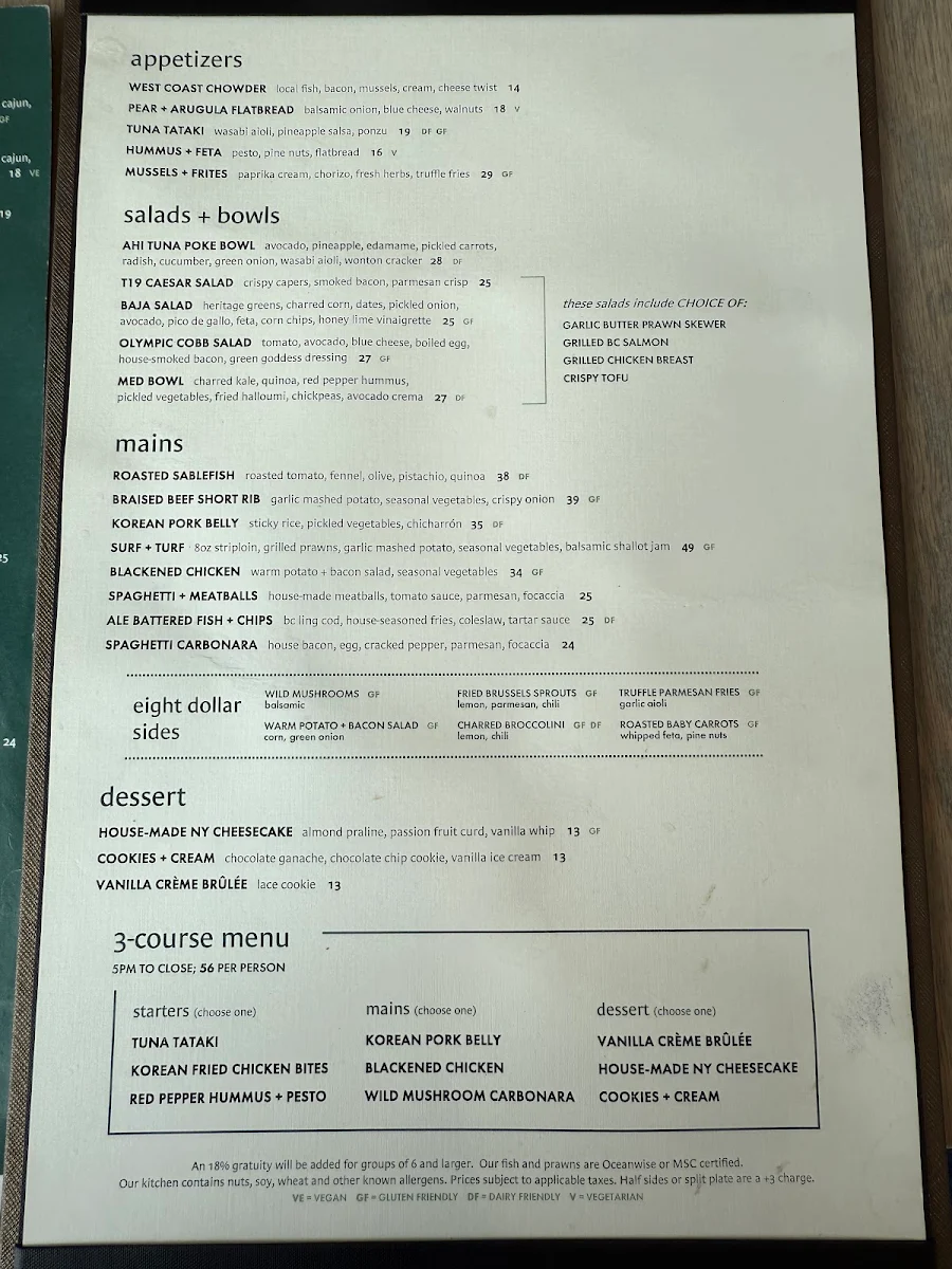 Menu, Table Nineteen Victoria