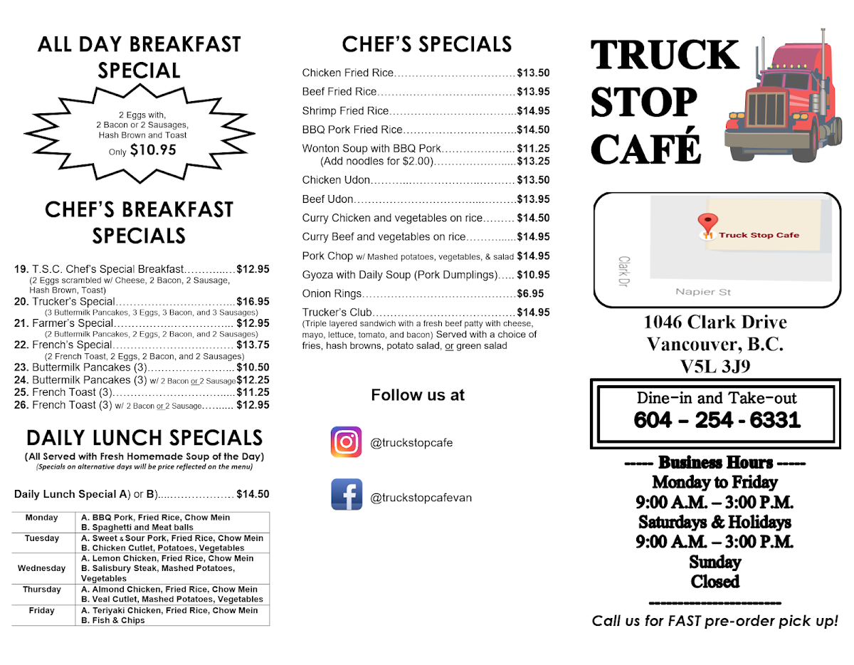 Menu, Truck Stop Cafe