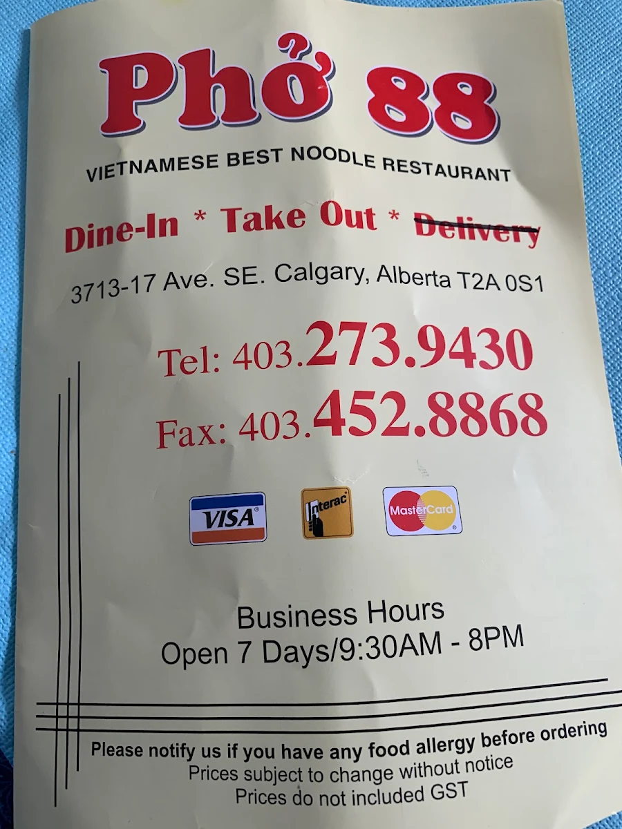Menu, Pho 88 Noodle House