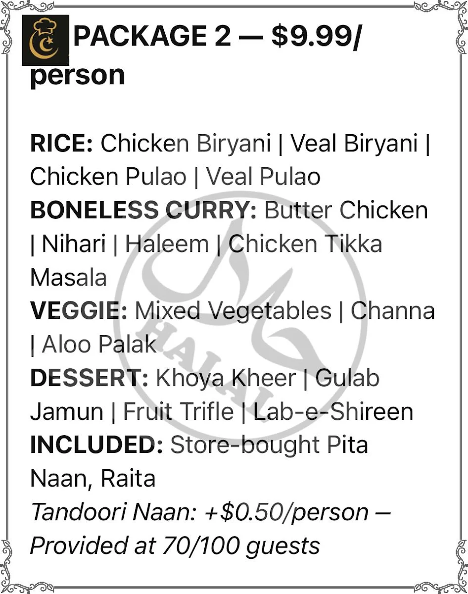 Menu, Authentic Pakistani Cuisine