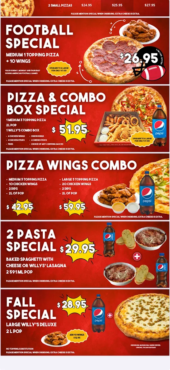 Menu, Original Willy's Pizza