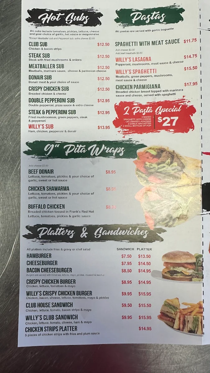 Menu, Original Willy's Pizza