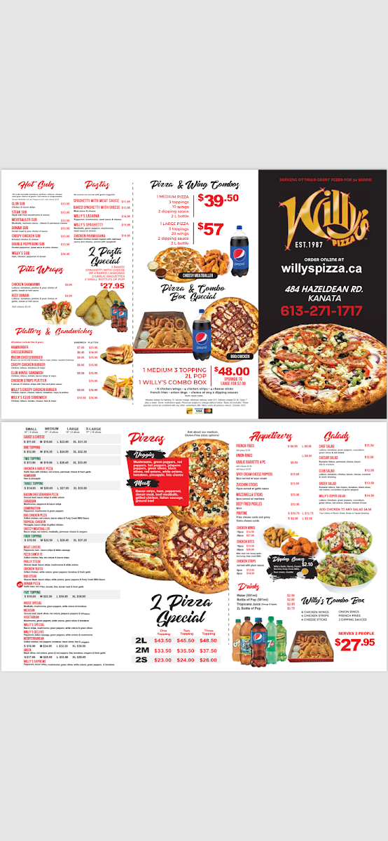 Menu, Original Willy's Pizza