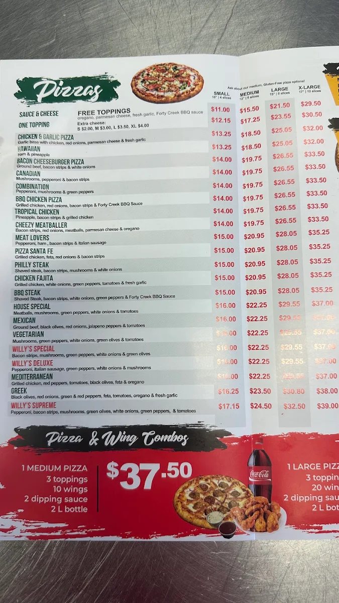Menu, Original Willy's Pizza