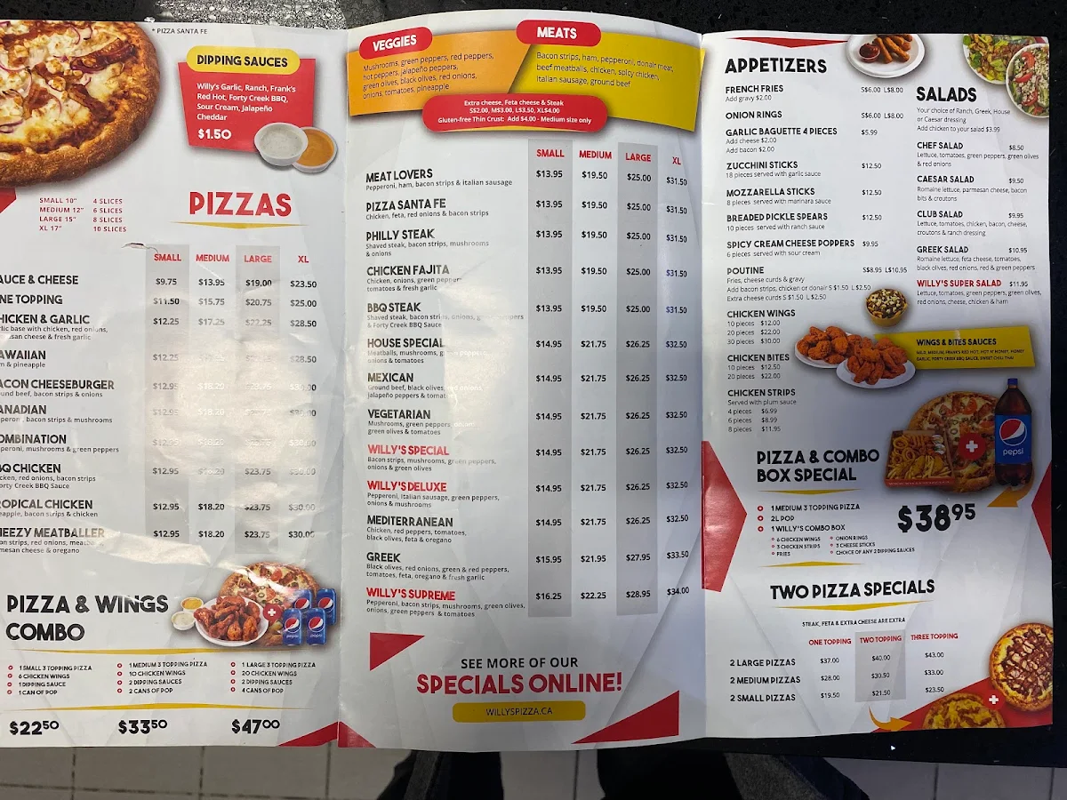 Menu, Original Willy's Pizza