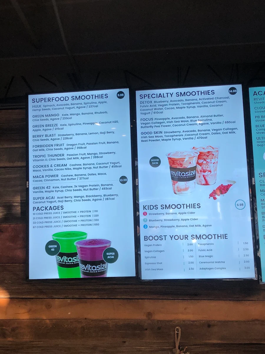 Menu, Revitasize - Midtown Toronto (Yonge St)