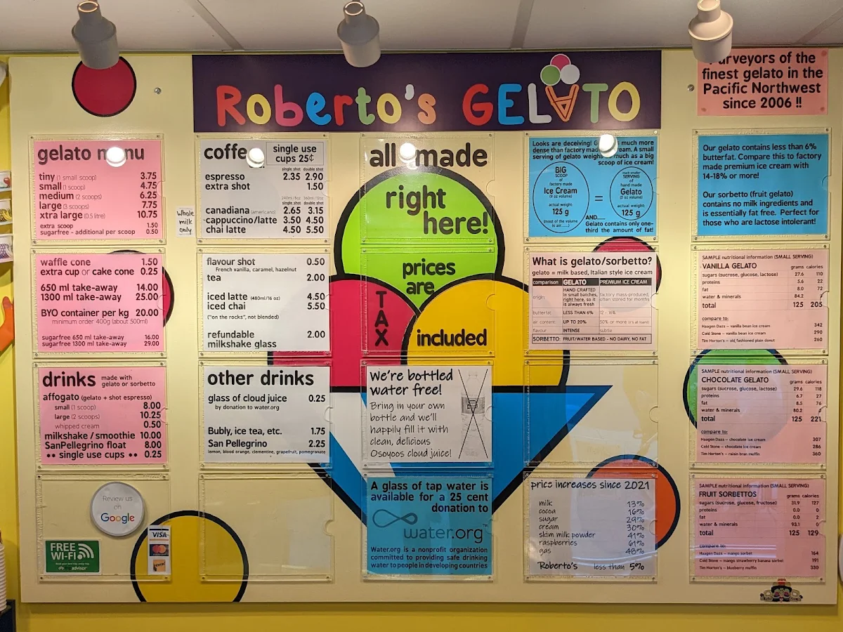 Menu, Roberto's Gelato