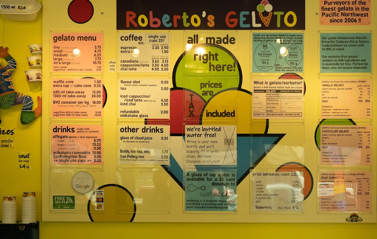 Menu, Roberto's Gelato