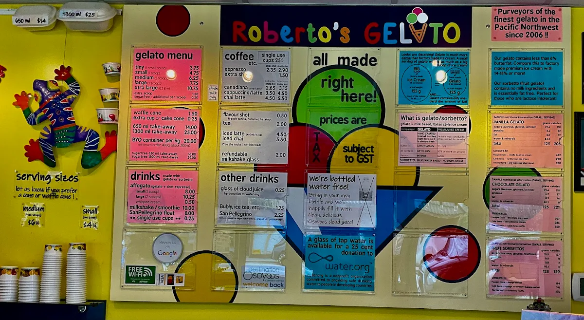 Menu, Roberto's Gelato
