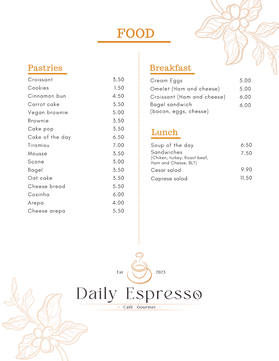 Menu, Daily Espresso