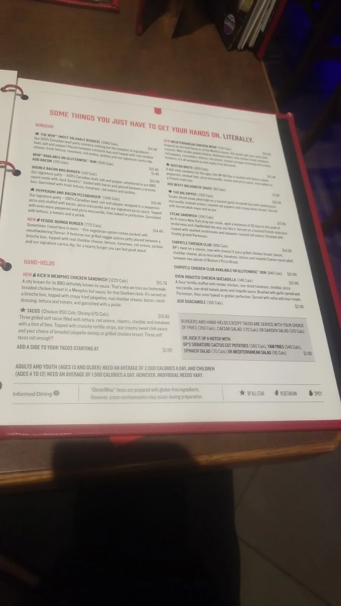 Menu, Boston Pizza