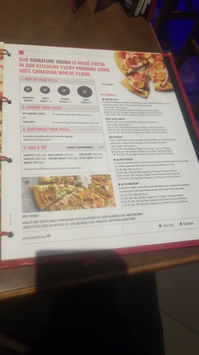 Menu, Boston Pizza