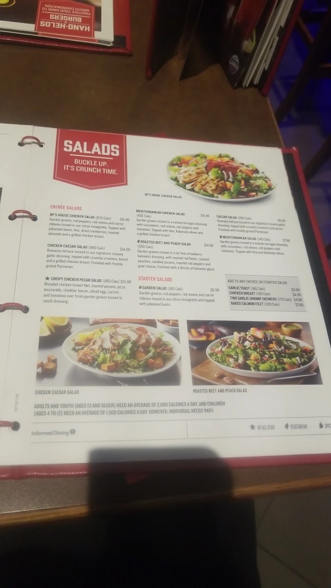Menu, Boston Pizza