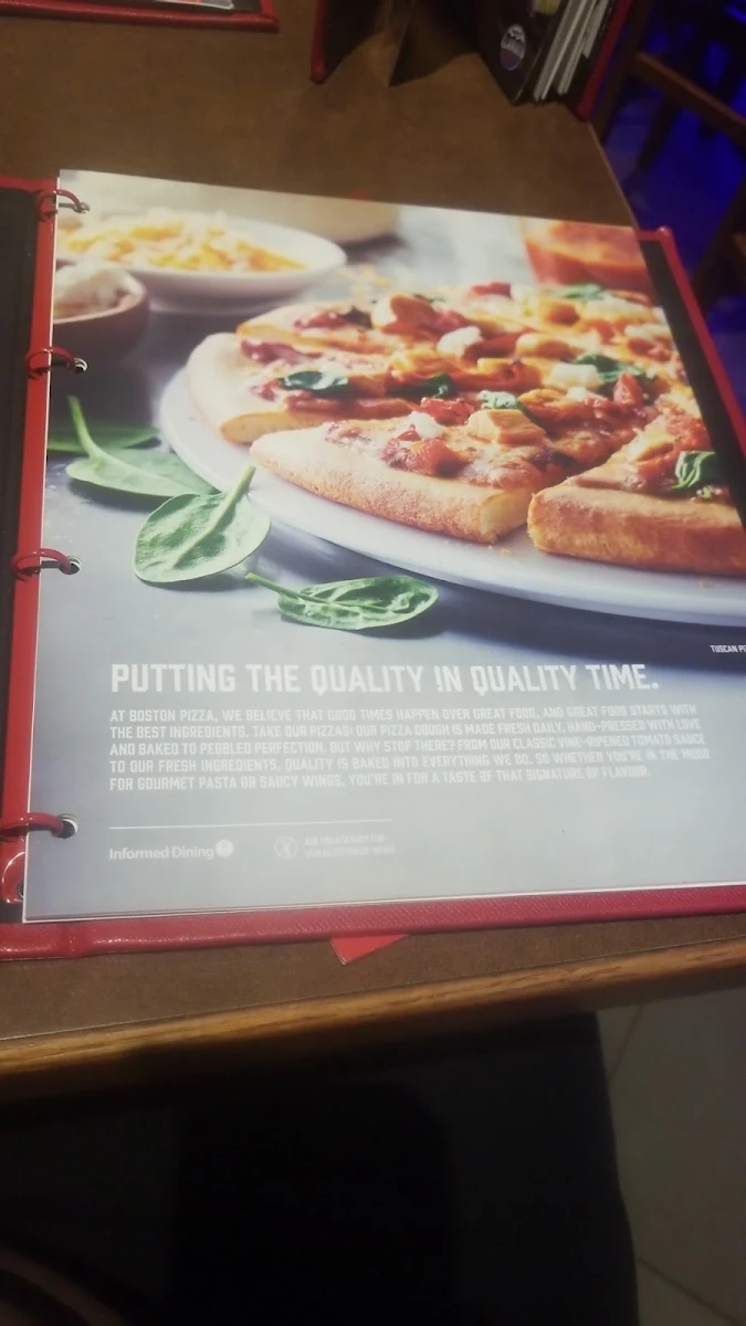Menu, Boston Pizza
