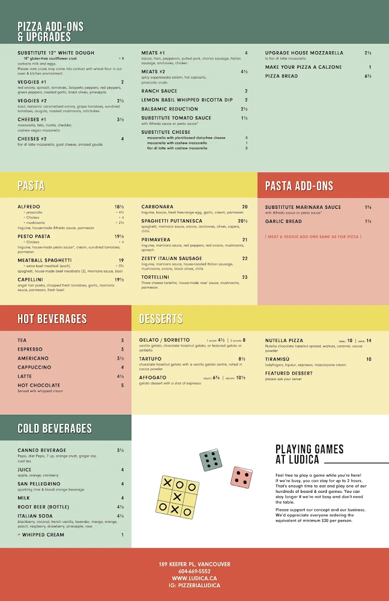 Menu, Pizzeria Ludica (Vancouver)