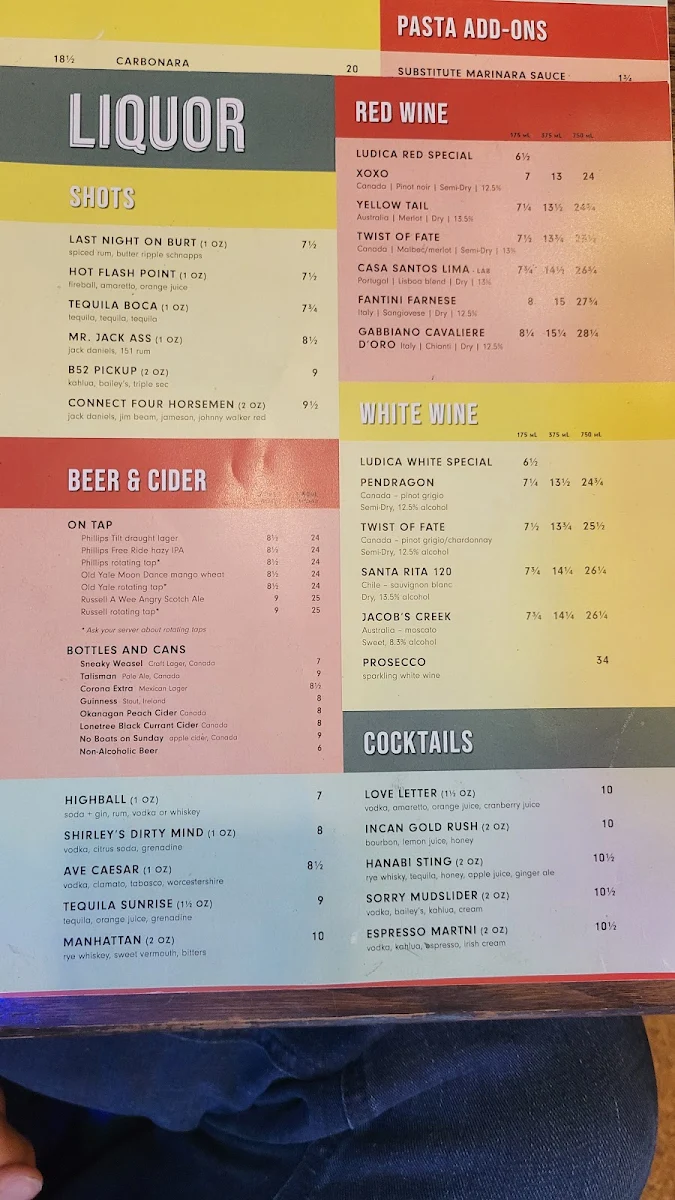 Menu, Pizzeria Ludica (Vancouver)