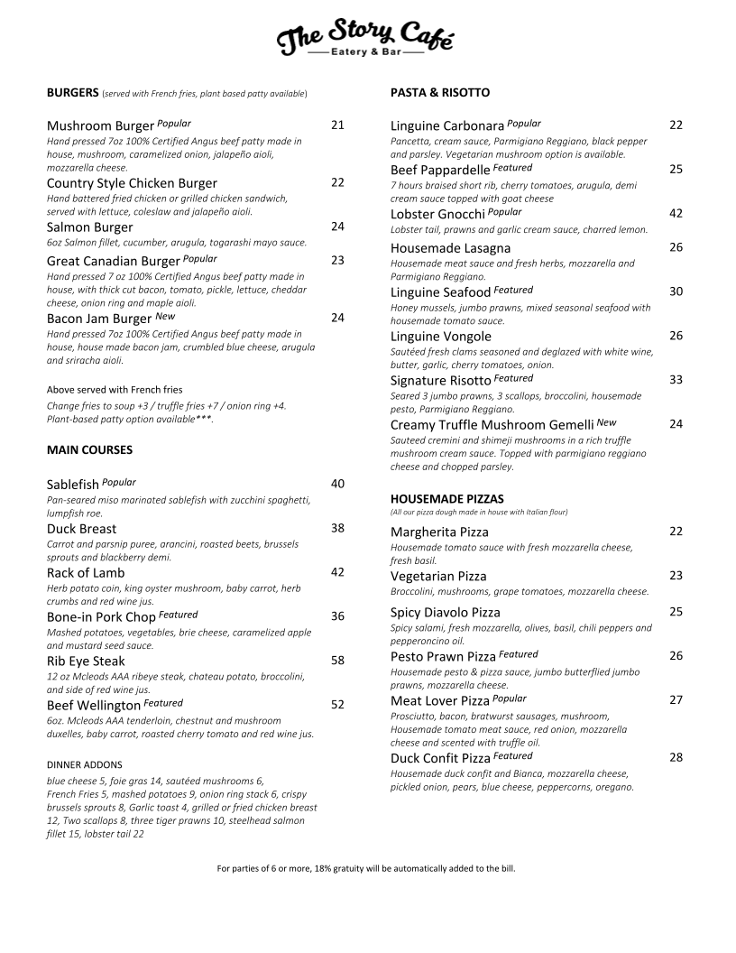 Menu, The Story Cafe - Eatery & Bar