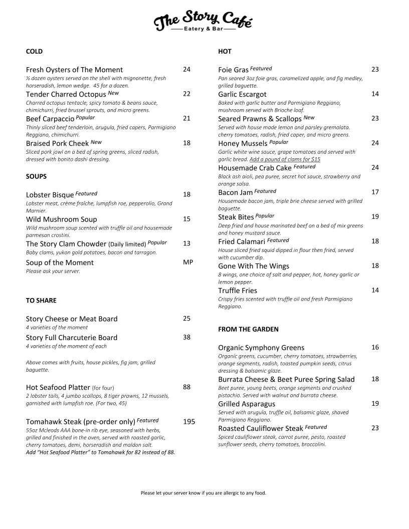 Menu, The Story Cafe - Eatery & Bar
