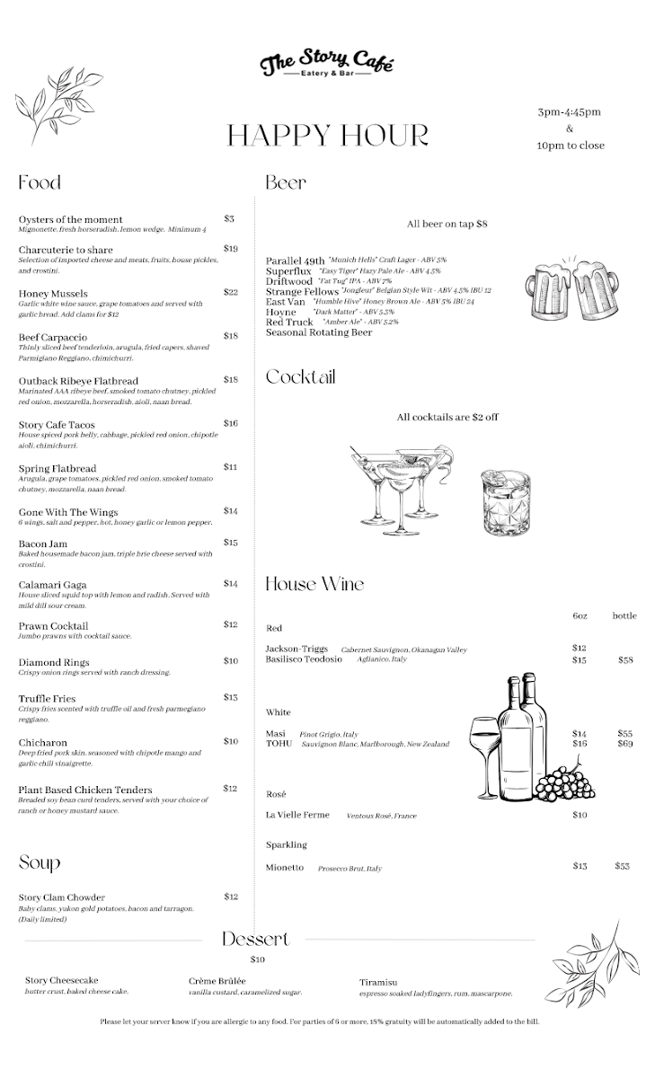 Menu, The Story Cafe - Eatery & Bar