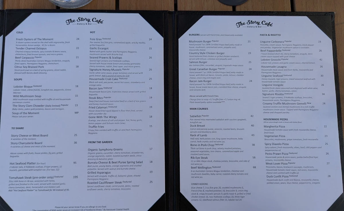 Menu, The Story Cafe - Eatery & Bar