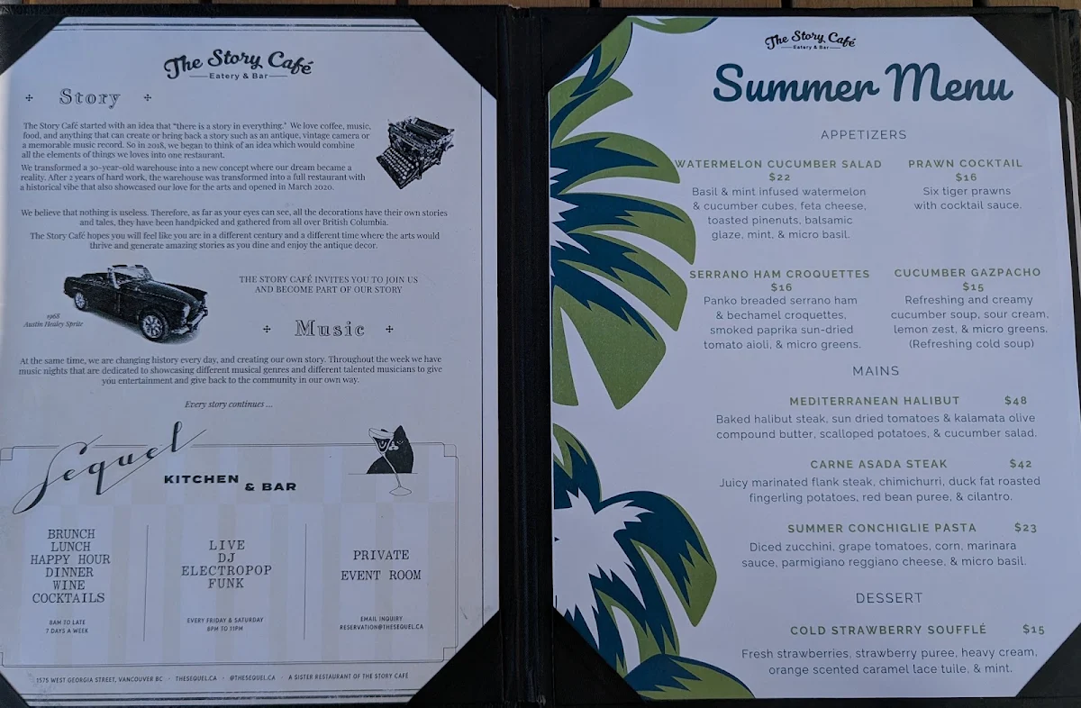 Menu, The Story Cafe - Eatery & Bar