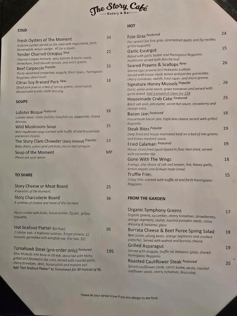 Menu, The Story Cafe - Eatery & Bar