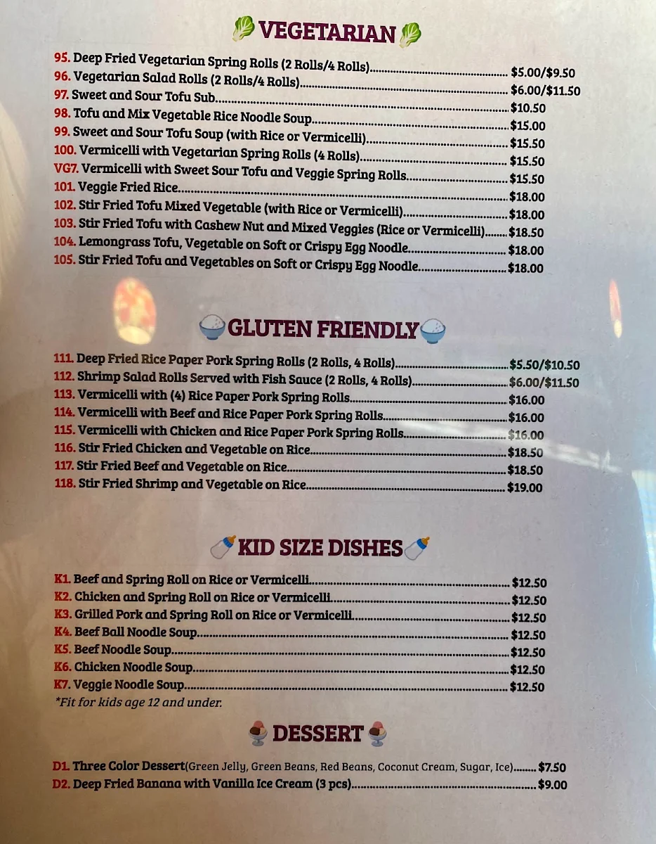 Menu, Viet Garden