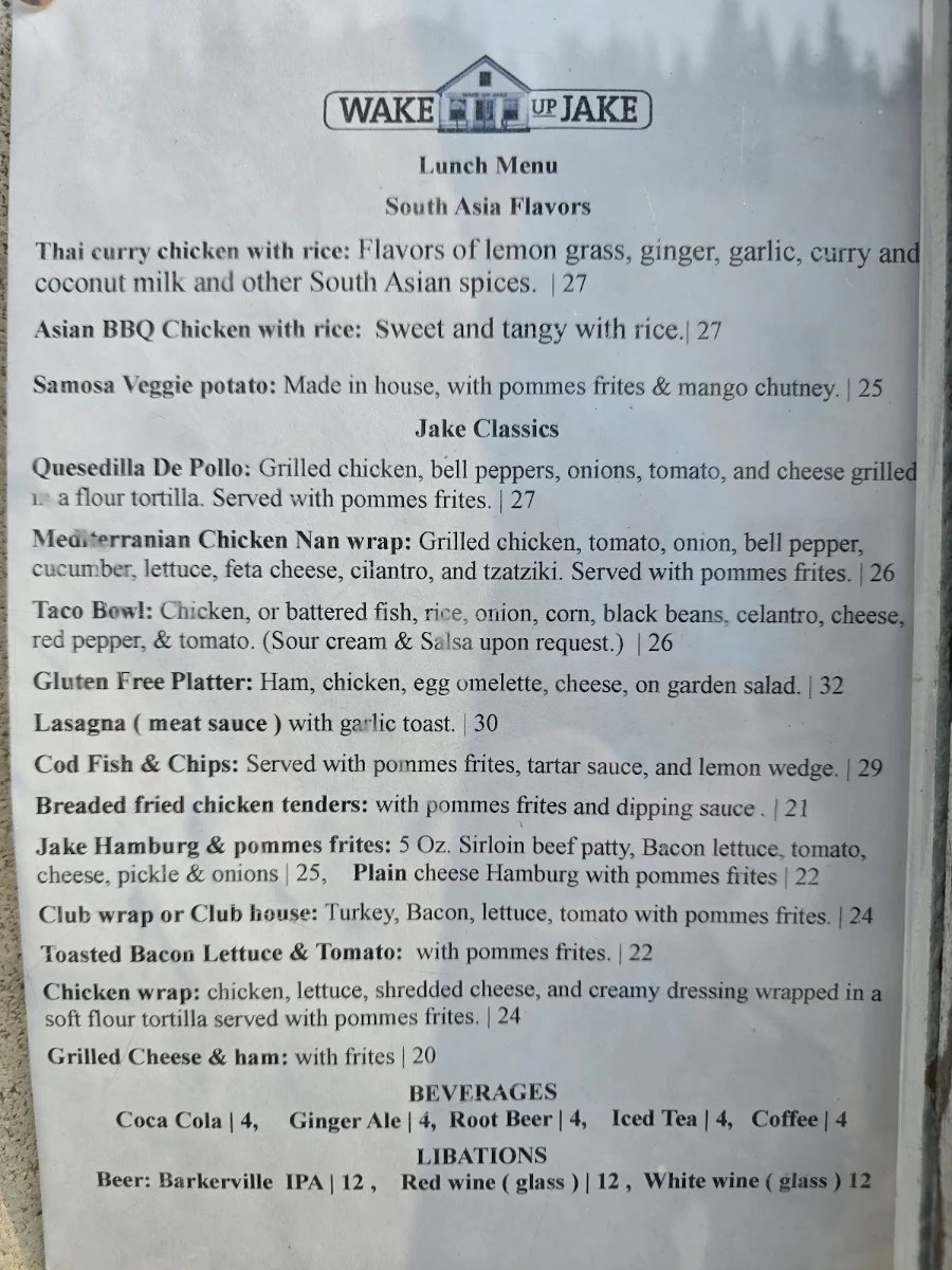 Menu, Wake Up Jake Restaurant