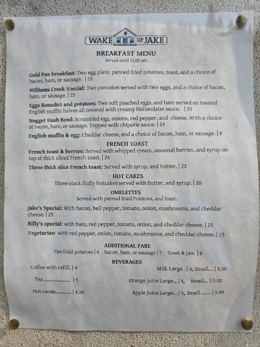 Menu, Wake Up Jake Restaurant