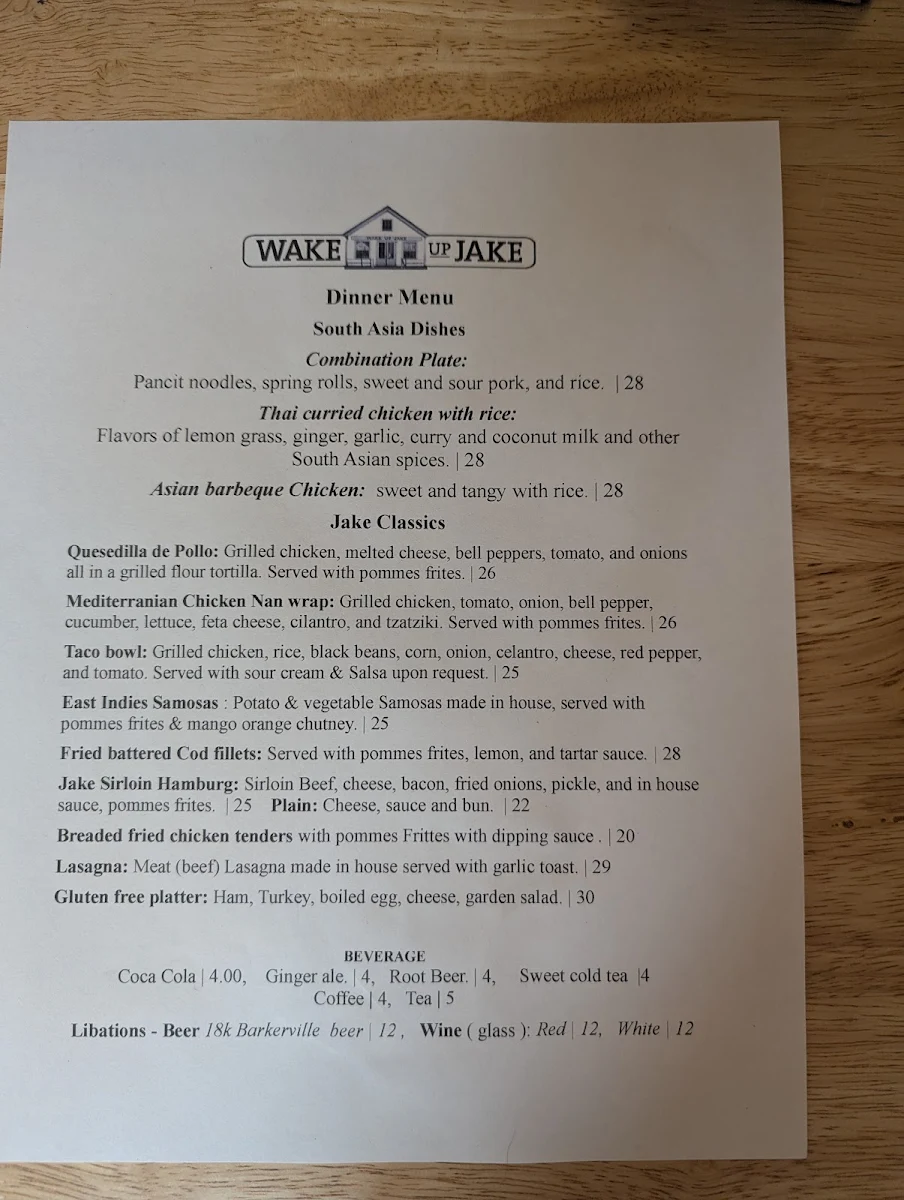 Menu, Wake Up Jake Restaurant