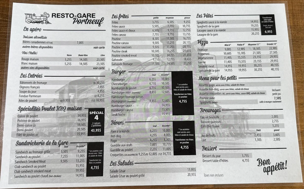 Menu, Resto-Gare de Portneuf