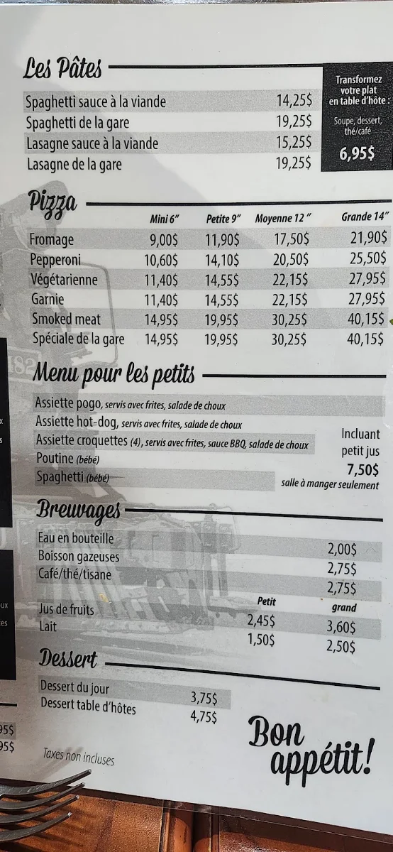 Menu, Resto-Gare de Portneuf