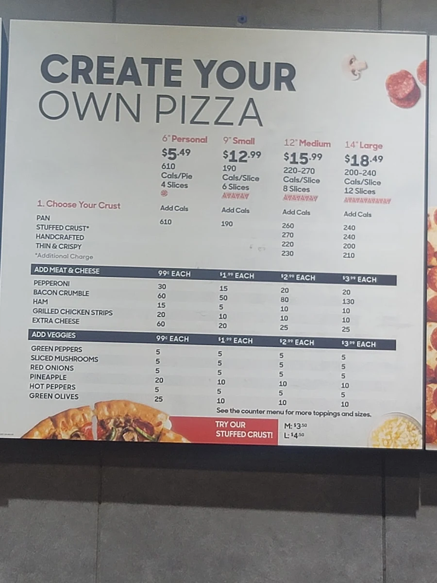 Menu, Pizza Hut