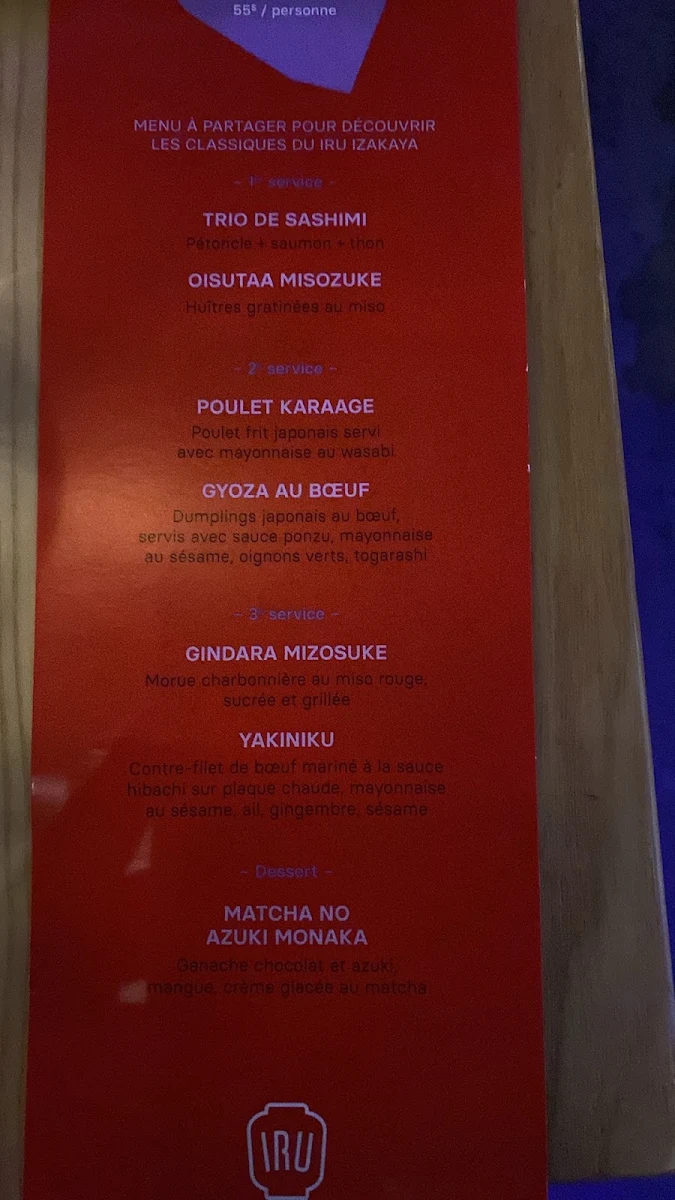 Menu, Iru Izakaya Brossard