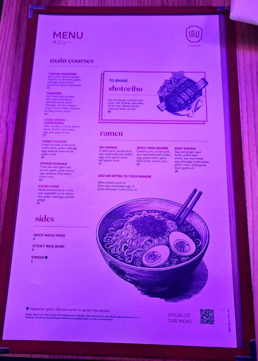 Menu, Iru Izakaya Brossard