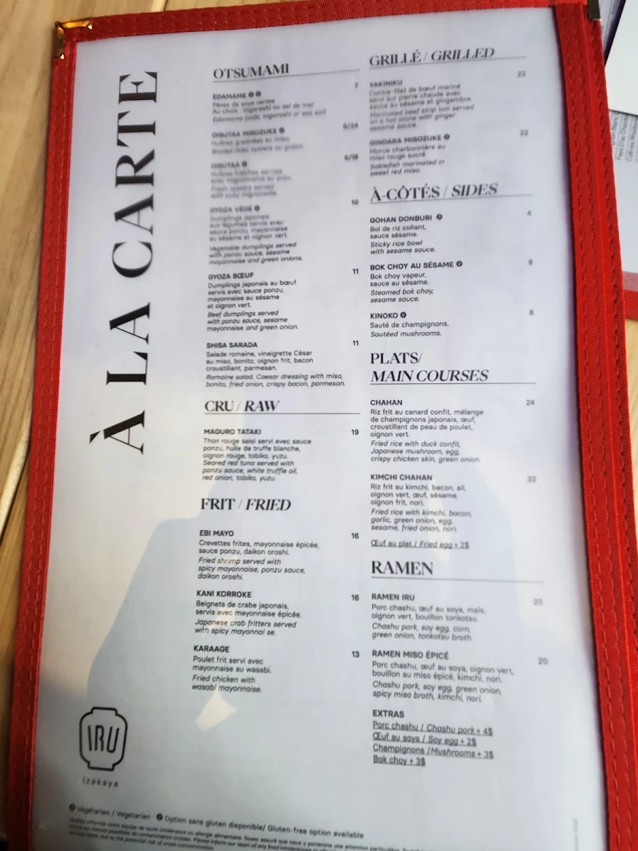 Menu, Iru Izakaya Brossard