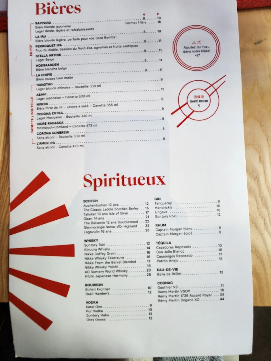Menu, Iru Izakaya Brossard