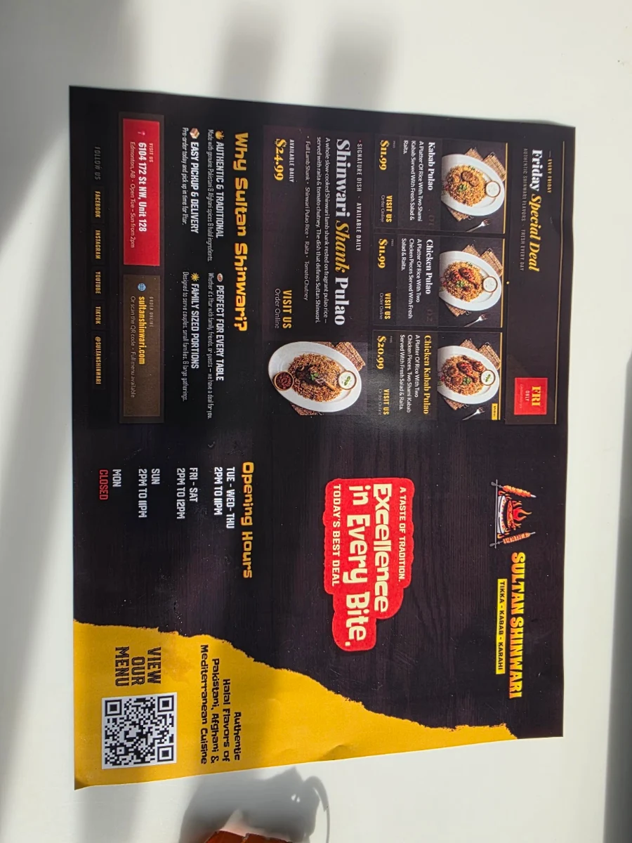 Menu, Sultan Shinwari