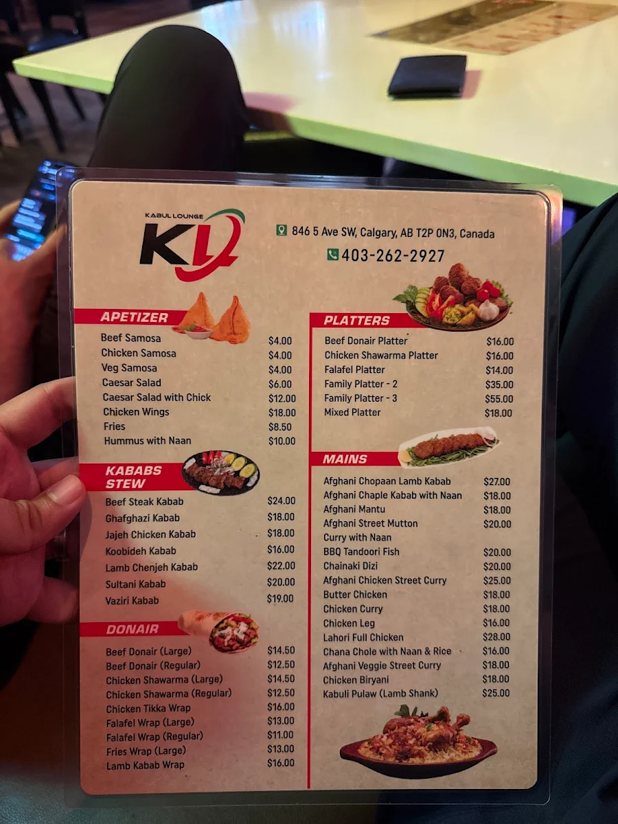 Menu, Kabul Lounge | Afghan Restaurant