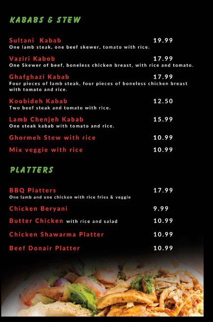 Menu, Kabul Lounge | Afghan Restaurant