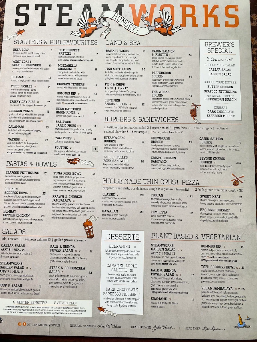 Menu, Steamworks Brewpub
