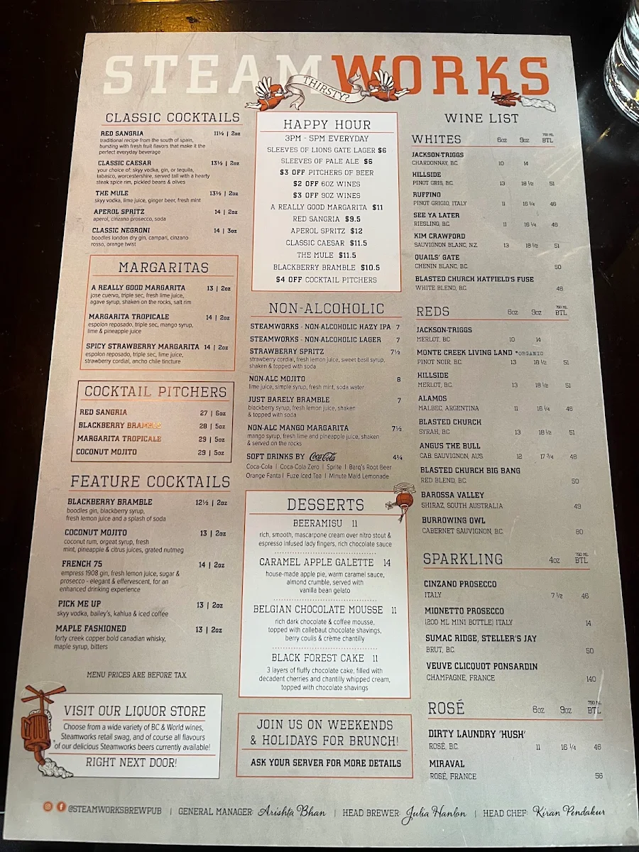 Menu, Steamworks Brewpub
