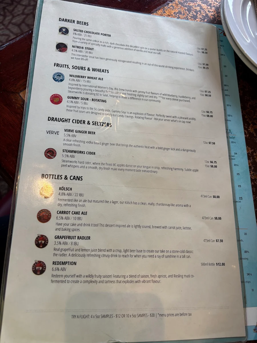 Menu, Steamworks Brewpub
